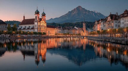 Obraz premium Evening glow over Reuss River and Jesuit Church in Lucerne, Switzerland