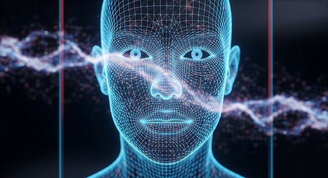 Digital human face wireframe with futuristic glowing data streams and energy waves