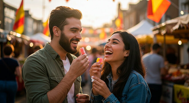 Young man and woman smiling, enjoying desserts at an outdoor street festival - Powered by Adobe