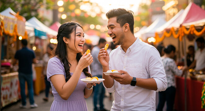 Happy couple smiling and eating at a street festival - Powered by Adobe