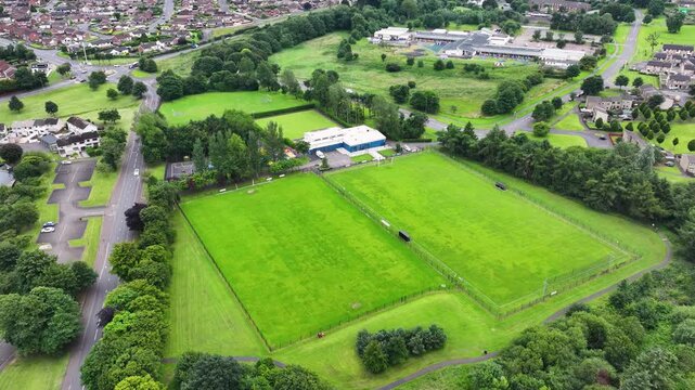 Aerial View of Mossley Park Pavilion and play area Newtownabbey Co Antrim Northern Ireland