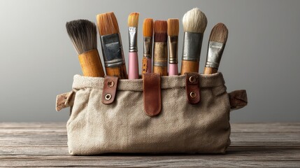 Artist's paintbrushes stand upright in a beige canvas container on a wooden surface