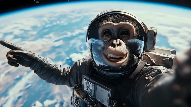 Chimpanzee astronaut pointing from orbit