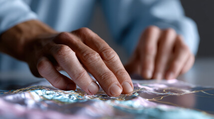 An artistic image highlighting hands manipulating colorful textile fabric, showcasing creativity and craft in art making, inviting inspiration and a sense of wonder.