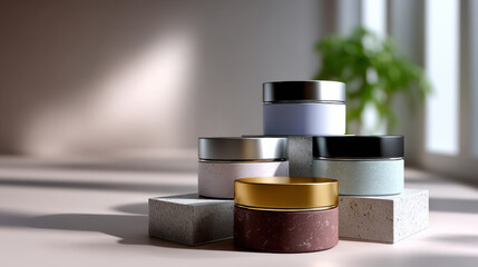 An elegant presentation of stylish cosmetic jars artfully stacked, illuminated by natural light, emphasizing modern design and beauty in everyday products and their aesthetic appeal.
