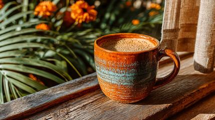 Cozy Coffee Mug on Wooden Surface with Vibrant Greenery Background
