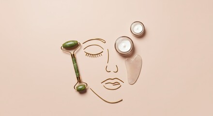 Serene Skincare Ritual: A jade roller, facial cream and stone is presented as an invitation to embrace self-care and cultivate inner peace in a minimalist aesthetic.