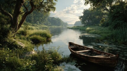 Peaceful morning scene shows boat floating on calm river surrounded by lush green trees and vegetation in the countryside