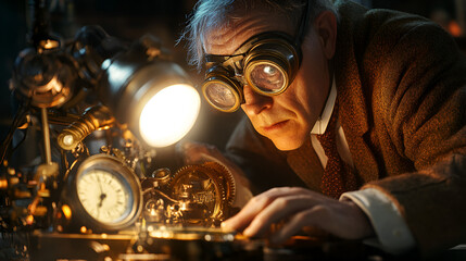 An inquisitive inventor meticulously examines intricate clockwork mechanisms, illuminated by a bright lamp, while wearing vintage goggles in his workshop.