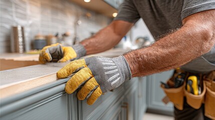 Man with gloves carefully installs new countertop in a kitchen during home renovation