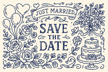 Just married. Save the date. Ink doodle vector poster