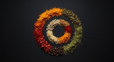 Spice Circle: A colorful array of spices is arranged in a mesmerizing spiral formation, showcasing the vibrant hues and rich textures of various seasonings, ideal for culinary, health, and wellness.