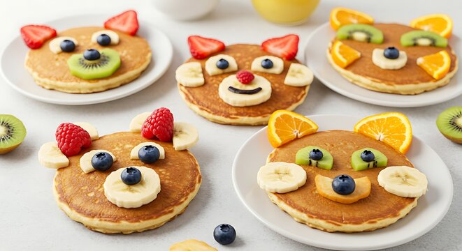 Pancake Bears: Adorable and colorful pancakes decorated with fresh fruits like kiwi, strawberries, and bananas on white plates. A charming culinary creation for breakfast or dessert. - Powered by Adobe