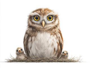 Fototapeta premium owl, bird, animal, wildlife, nature, bird's nest, nest, wild, predator, beak, brown, prey, eyes, family, feathers, feather, portrait, little owl, raptor, hunter, eye, eagle, white, wise, bird of prey,