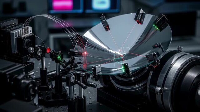 Multiaxis optical metrology rig combining interferometer and laser alignment tools for mirror surface characterization.