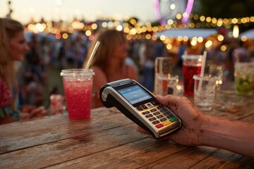 Close-up of hand holding payment terminal at a lively outdoor festival bar.