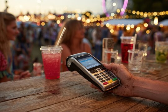 Close-up of hand holding payment terminal at a lively outdoor festival bar.