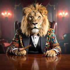 Lion in a suit, holding cigar, business meeting