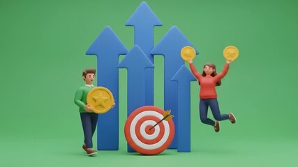 People celebrating success with coins, target and growth arrows on green background for achievement