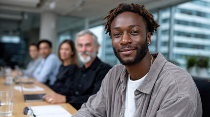 The image captures a diverse group of professionals sitting around a boardroom table, engaged in a meaningful discussion, reflecting teamwork and inclusivity in a corporate environment.