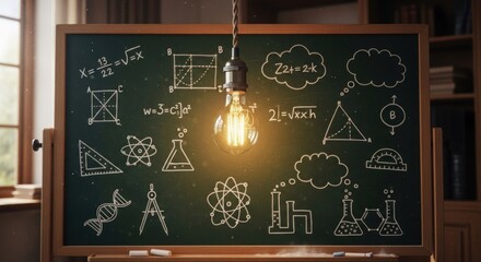 Chalkboard with math & science drawings, illuminated by a lightbulb