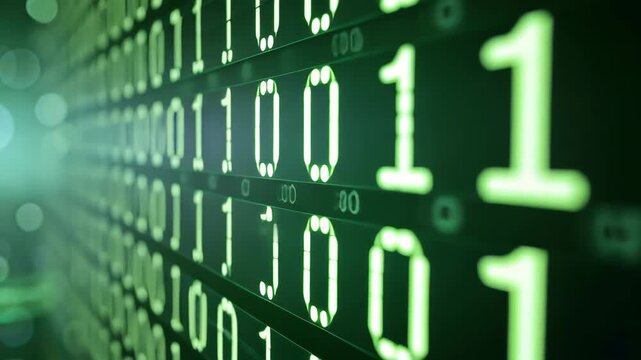 Binary Code: Immersing in the depth of digital information, this visual presents a stream of binary digits, symbolizing the essence of data processing and technological innovation in an inspiring way.