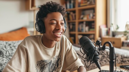 Smiling Teen Boy Recording Podcast at Home – Ideal for Youth Content and Online Education Themes