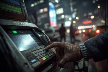 Fototapeta premium A person interacts with a rain-soaked ATM keypad during a dark city night.
