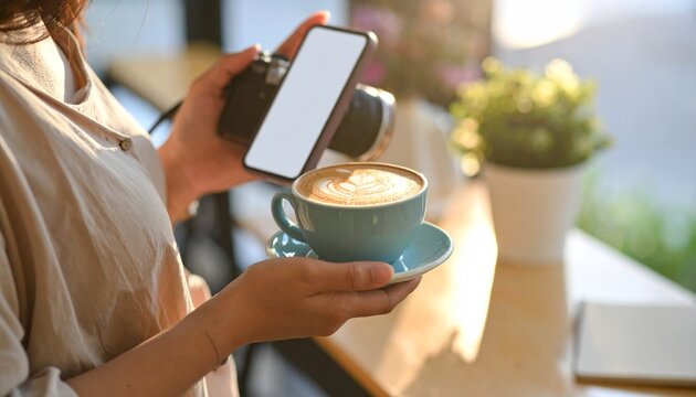 Capturing Coffee Moments Woman Photographing Latte Art with Smartphone in a Cafe