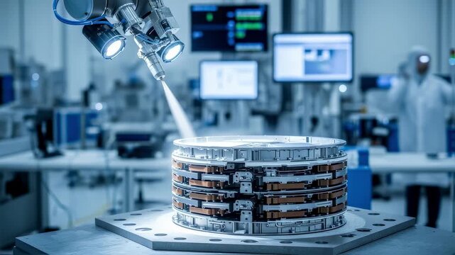 Robotic arm applying advanced ceramic coating to hydrogen electrolyzer stack surfaces before sintering showcasing automation in clean energy manufacturing.