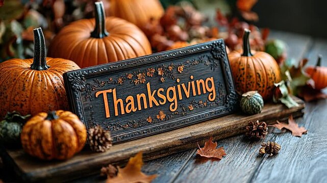 Close-up of a Thanksgiving sign surrounded by pumpkins and autumn leaves on a rustic wooden surface.
