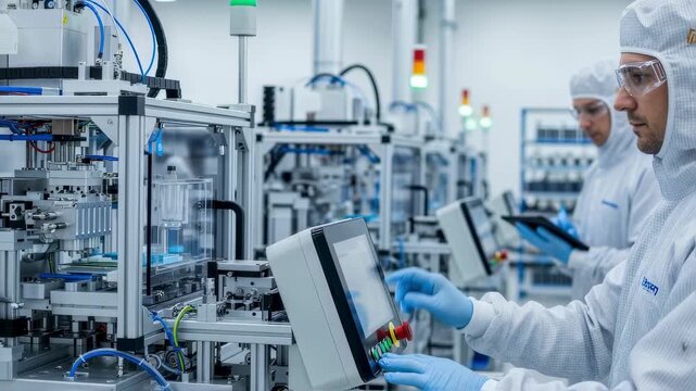 Scientists adjusting parameters on advanced coating equipment to enhance electrode layer durability in a solidstate battery factory.