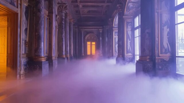 Marble colonnade filled with purple mist and light