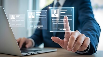 Businessman interacting with digital profiles on a futuristic interface, selecting a candidate.