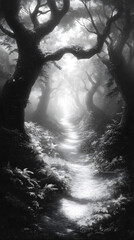 Obraz premium Black and white forest path trees nature landscape scenery artwork