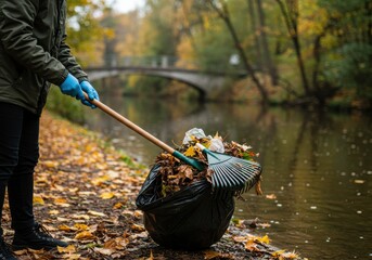 Autumn Cleanup: Volunteer Raking Leaves by the River