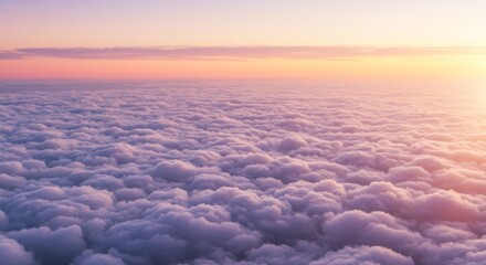 Obraz premium Aerial View of Fluffy Clouds at Sunrise, Golden Hour, Serene Sky, Dreamy Landscape.