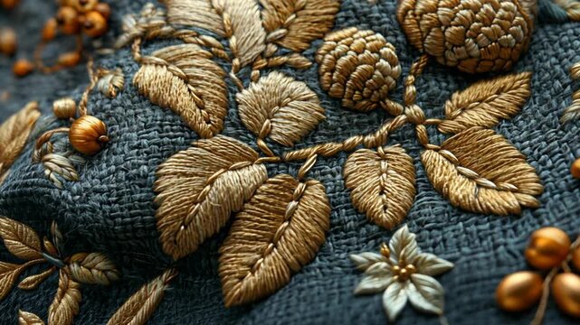Close-up macro shot of gold embroidery on fabric, showcasing intricate floral design and texture.