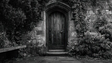Arched wooden door in stone wall, surrounded by overgrown greenery in black and white