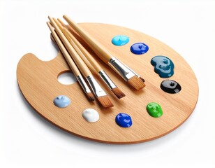 Wooden Artist Palette with Flat Brushes and Cool-Toned Paint Dabs