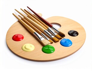 Wooden Artist Palette with Paintbrushes and Vibrant Color Dabs