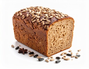 Whole Grain Seeded Bread Loaf with Sunflower Topping on White Background