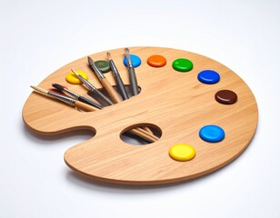 Wooden Artist Palette with Assorted Brushes and Colorful Paint Dabs