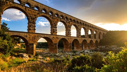 Obraz premium Ancient aqueduct at sunset, showcasing its impressive arches.