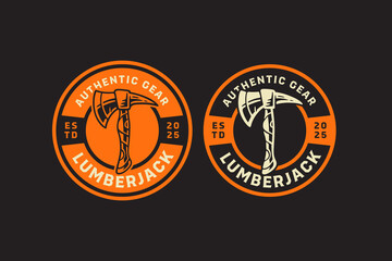 Lumberjack axe retro badge logo design set for adventure and outdoor. Hatchet with wooden handle vintage emblem label element designs collections. Axe, Woodcraft, Craftsman. Vector Illustration