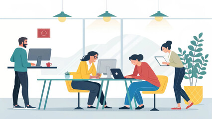 Diverse team collaborates productively in a modern, open office setting. Ideal for themes of business, teamwork, digital work, and a dynamic workplace environment.