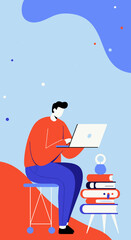 Illustration of a person working on a laptop, surrounded by books and a kettlebell, representing learning, remote work, and personal growth.
