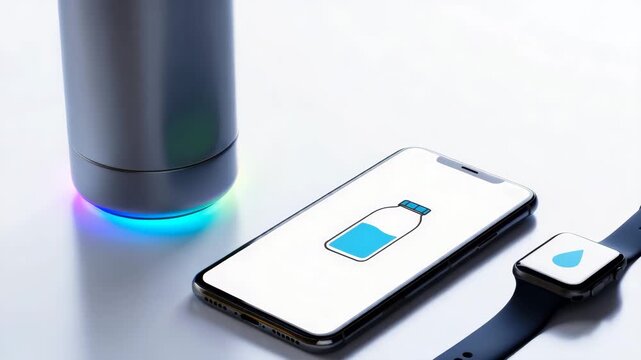 Smart water bottle, hydration tracking app, connected bottle technology, digital health tools, glowing base, wearable hydration monitor