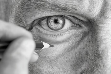 Obraz premium A skilled artist focuses on a close-up view of a human eye, capturing intricate details with a pencil. The shading emphasizes texture and realism, showcasing talent and concentration.