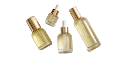 luxury skincare flat lay, glass serum bottles with golden caps